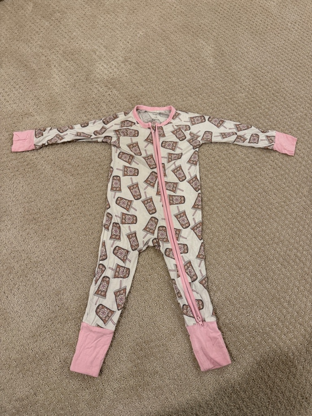 Cream and Pink iced coffee -Print Baby Footie One-Piece